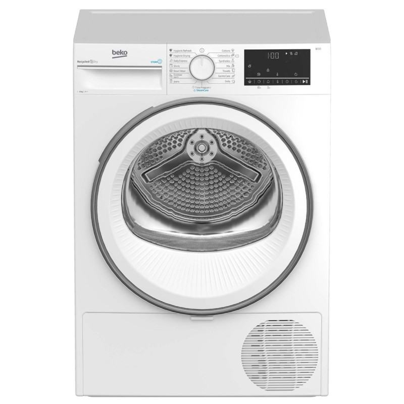 Uscator rufe automat Beko B3T68230, pompa de caldura, 8 kg, clasa A++, latime 59.7 cm, RecycledDry, tehnologie SteamCure, functi