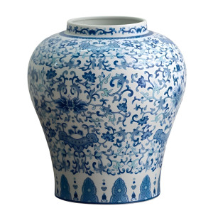 Vaza decorativa NG007, ceramica, alb + albastru, 24.5 cm