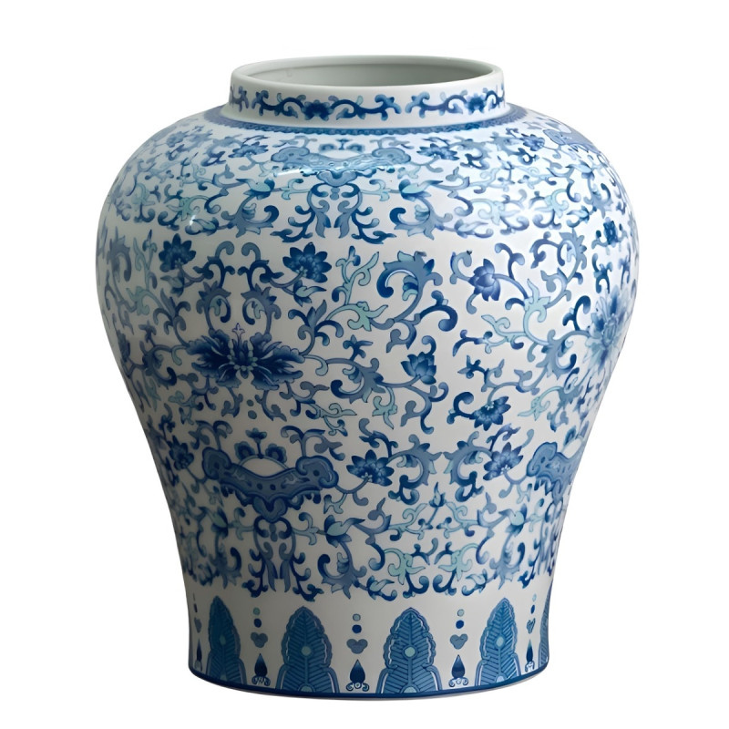 Vaza decorativa NG007, ceramica, alb + albastru, 24.5 cm