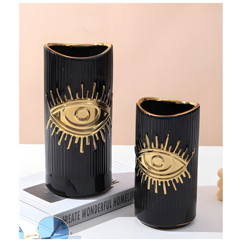 Vaza decorativa YJ23501, ceramica, negru + auriu, 20 cm