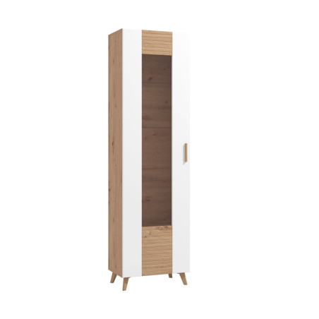 Vitrina living Bretagna 1K VS1, cu usa sticla, stejar artisan + folie lucioasa alba, 58 x 35 x 203 cm, 2C