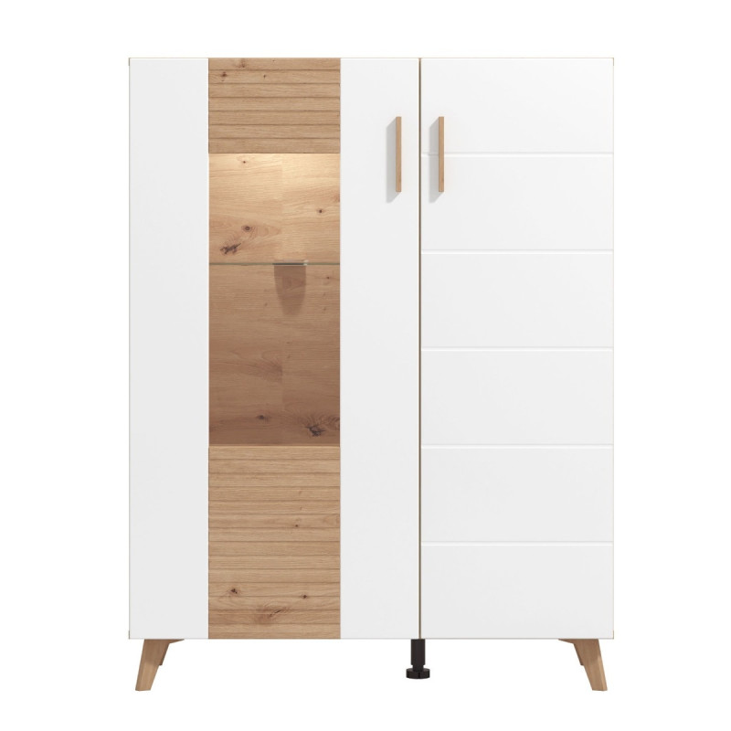 Vitrina living Bretagna 2K VS1, cu usa sticla + LED, stejar artisan + folie lucioasa alba, 96 x 35 x 126 cm, 3C