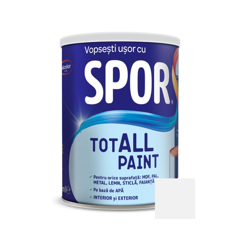 Vopsea pentru lemn / metal / sticla, Spor Totall Paint, pe baza de apa, interior / exterior, opal / alb, 0.6 L