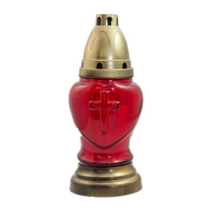 Candela decorativa S11, sticla + capac plastic, h 19 cm, timp ardere 25 ore, rosu + auriu