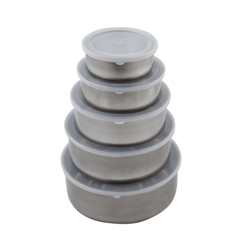 Caserola alimente, Kasemi, inox + plastic, rotunda, argintiu, set 5 bucati