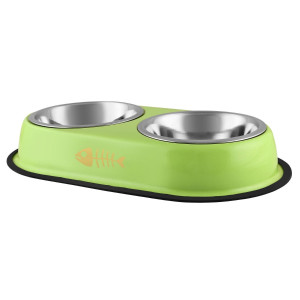 Castron caini / pisici, 4 Dog, dublu, antiderapant, inox, argintiu + verde, 2 x 0.95 l