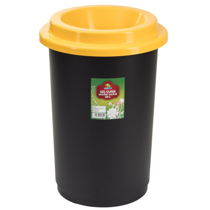Cos gunoi colectare selectiva Plastina din plastic, forma cilindrica, negru, cu capac galben, 50L