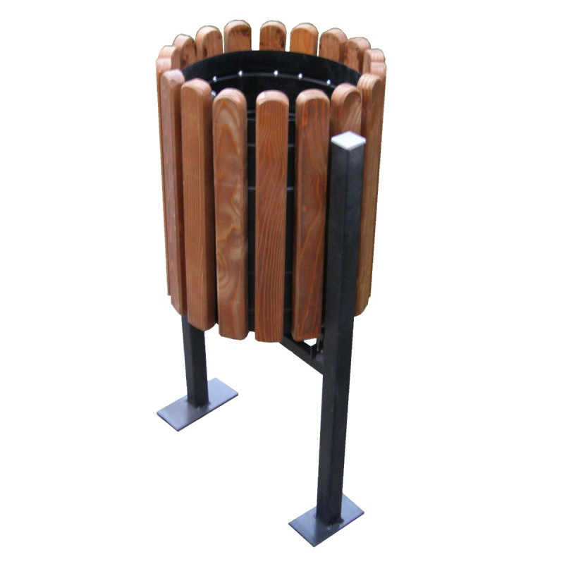 Cos gunoi din metal si lemn, forma cilindrica, maro, 40L