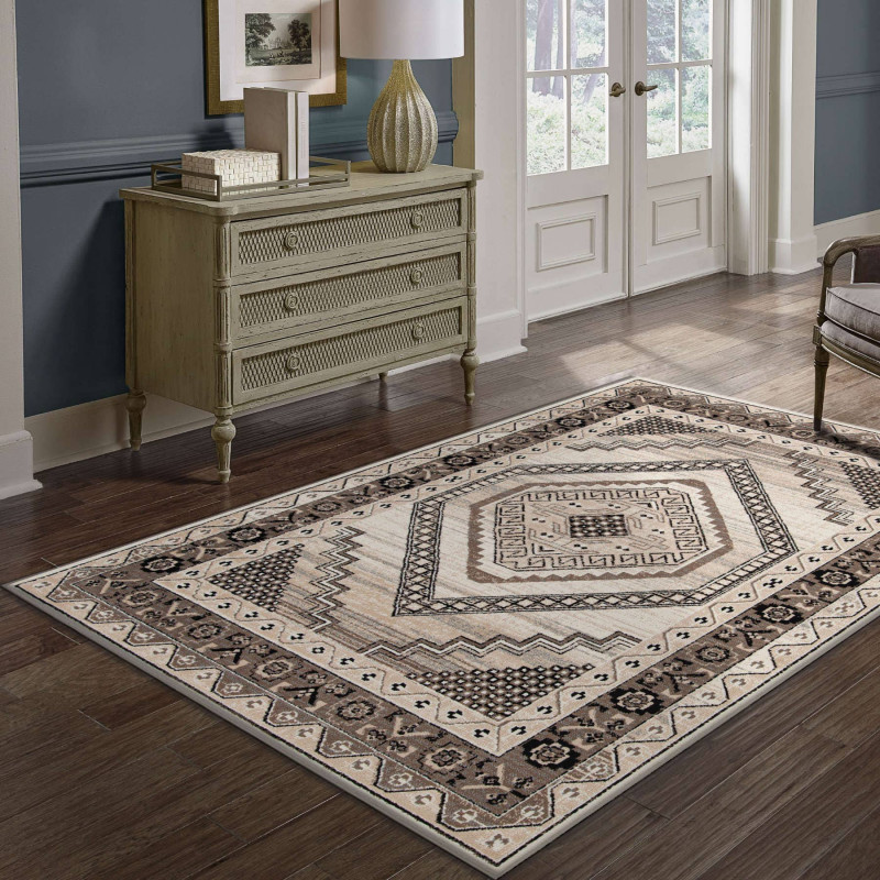 Covor living / dormitor Ferrera W 3335/EC9, 80 x 140 cm, clasic, polipropilena, bej + maro, dreptunghiular