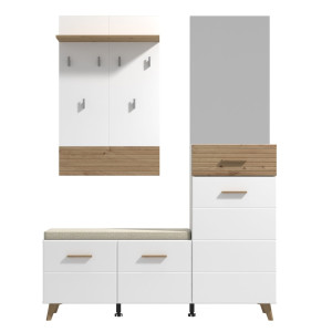Cuier hol Sein cu 6 agatatori, oglinda, comoda si bancheta, alb, 141 x 35 x 190 cm, 3C