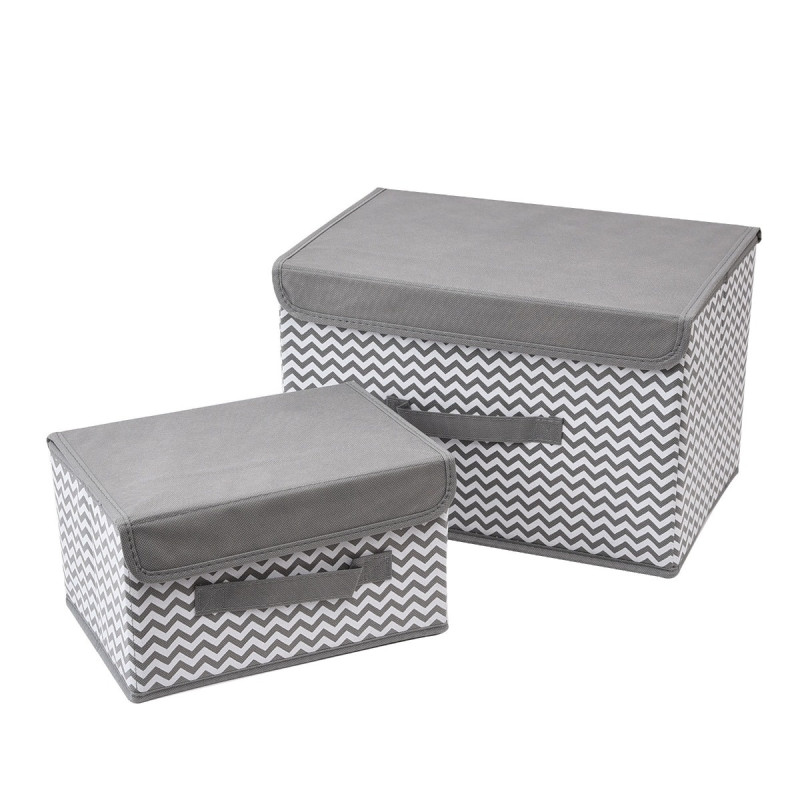Cutie depozitare 4008142, cu capac, pliabila, gri + alb, 37 / 26.5 x 24 / 19 x 24 / 15 cm, set 2 bucati