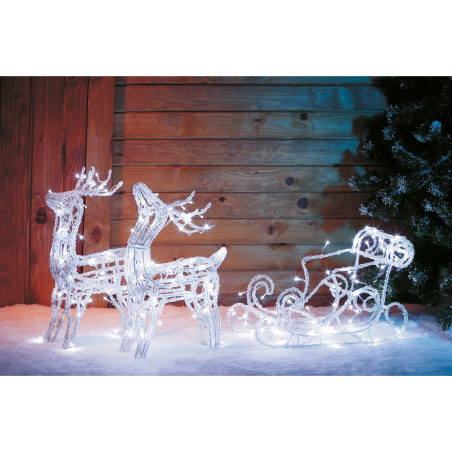Decoratiune Craciun exterior sanie cu 2 reni, Hoff, 152 LED-uri albe + 8 LED-uri flash, alimentare curent electric, H 55 cm