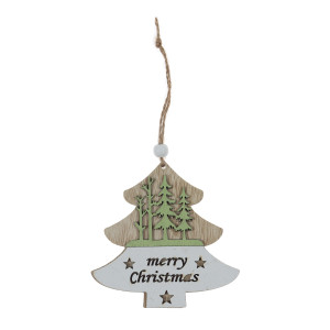 Decoratiune Craciun, tip bradut, din lemn, bej + alb + verde, 10.5 cm, SYMZPB-442118
