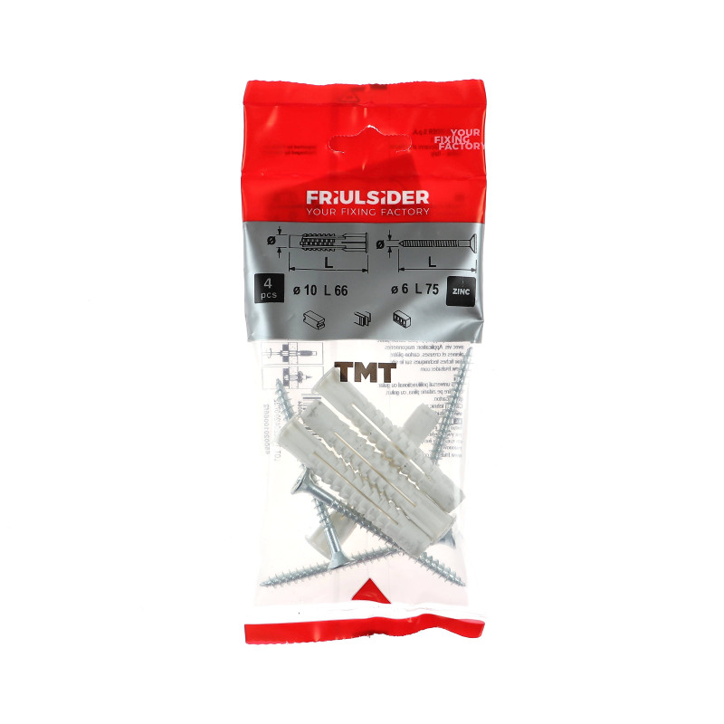 Diblu universal din polipropilena, cu surub cu cap inecat, Friulsider TMT, 10 x 66 mm, set 4 bucati