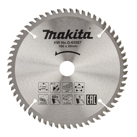 Disc circular, pentru lemn / aluminiu / plastic, Makita D-65567, 160 x 20 mm