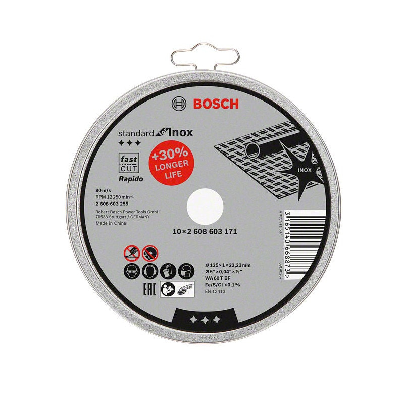 Disc debitare inox, Bosch Standard for Inox Rapido, 125 x 22.23 x 1 mm, set 10 bucati