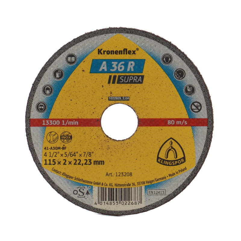 Disc debitare inox, Klingspor A 36 R Supra, 115 x 22.23 x 2 mm
