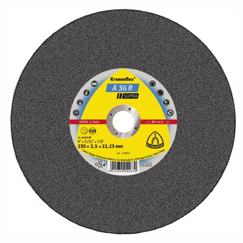 Disc debitare inox, Klingspor A 36 R Supra, 230 x 22.23 x 2.5 mm