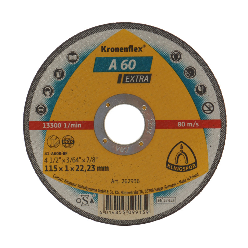 Disc debitare inox si metal, Klingspor A 60 Extra, 115 x 22.23 x 1 mm