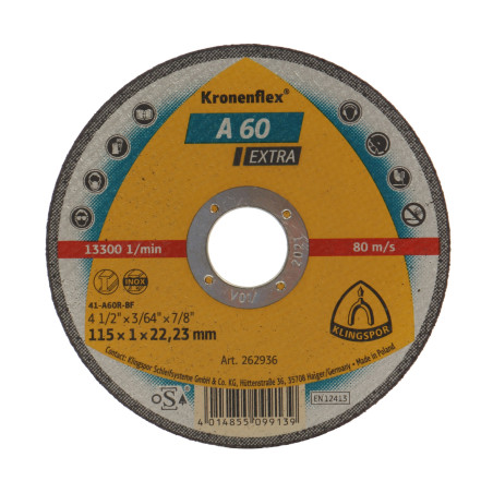 Disc debitare inox si metal, Klingspor A 60 Extra, 115 x 22.23 x 1 mm