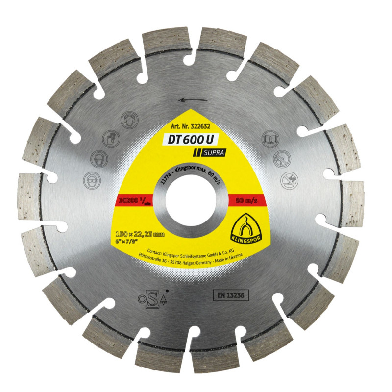 Disc diamantat, cu segmente, pentru debitare materiale de constructii, Klingspor DT 600 U Supra, 150 x 22.23 x 2.4 mm