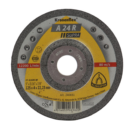 Disc polizare otel, Klingspor A 24 R Supra, 125 x 22.23 x 4 mm