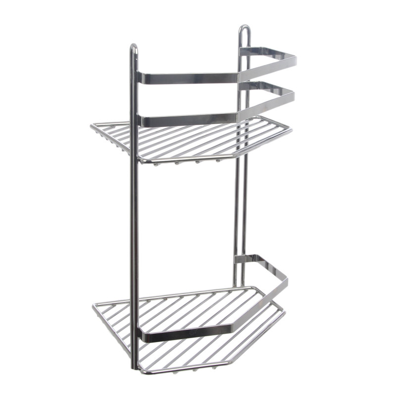 Etajera baie din inox ES076, montaj pe colt, finisaj cromat, doua rafturi, 20 x 20 x 30 cm