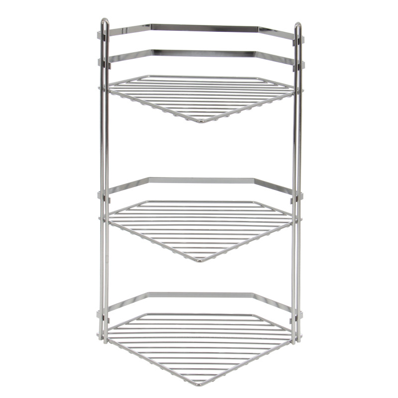 Etajera baie din metal ES076, montaj pe colt, finisaj cromat, trei rafturi, 20 x 20 x 50 cm