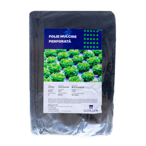 Folie mulcire, antiburuieni, Gorjan, perforata, polietilena, negru, 30 mic, 25 x 25 cm, 8 gauri x D 50 mm, 2 x 50 m