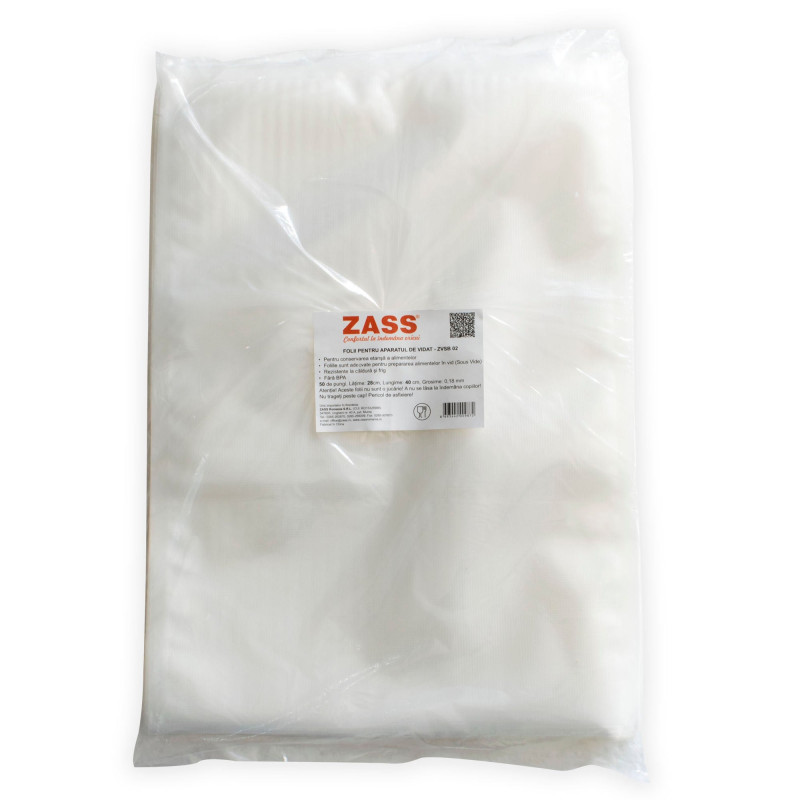 Folie pentru aparat de vidat alimente, Zass ZVSB 02, 28 x 40 cm, grosime 0.18 mm, rezistenta la caldura si frig, fara BPA, trans