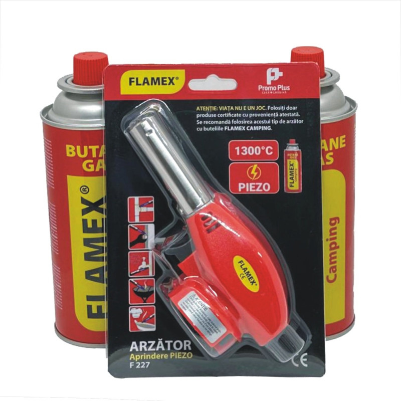 Arzator gaz, Flamex, F 227, cu piezo + 2 butelii spray gaz Flamex 227 gr