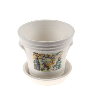 Ghiveci ceramic, interior, rotund, alb, 14.5 x 13 cm, cu farfurie, diverse modele, Rustic 1