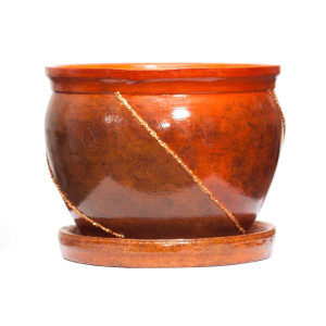 Ghiveci ceramic, interior / exterior, rotund, maro, 25 x 20 cm, cu farfurie, D25/3