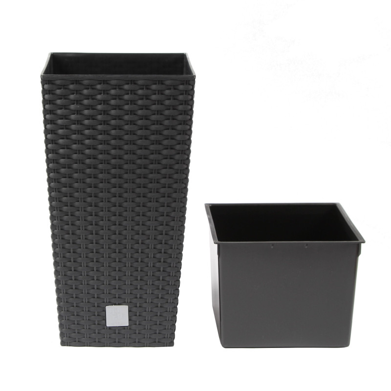 Ghiveci din plastic cu finisaj ratan sintetic Rato Tubus, cu masca, patrat, antracit, 20 x 20 x 37.6 cm