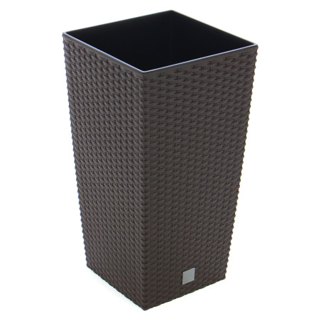 Ghiveci din plastic cu finisaj ratan sintetic Rato Tubus, cu masca, patrat, maro, 26.5 x 26.5 x 50 cm