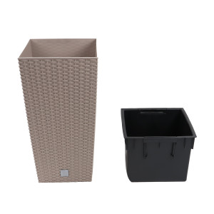 Ghiveci din plastic cu finisaj ratan sintetic Rato Tubus, cu masca, patrat, mocca, 26.5 x 26.5 x 50 cm