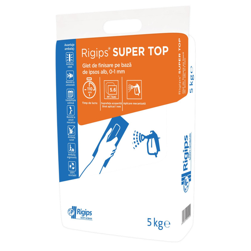 Glet de finisaj Rigips Super Top, pe baza de ipsos, interior, 5 kg