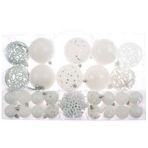 Globuri de Craciun, alb + argintiu, HS0552, 8 cm, plastic, rotunde, set 50 bucati
