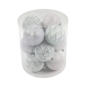 Globuri de Craciun, albe, SY23QJHB-342, 8 cm, plastic, rotunde, set 12 bucati