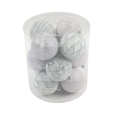 Globuri de Craciun, albe, SY23QJHB-342, 8 cm, plastic, rotunde, set 12 bucati