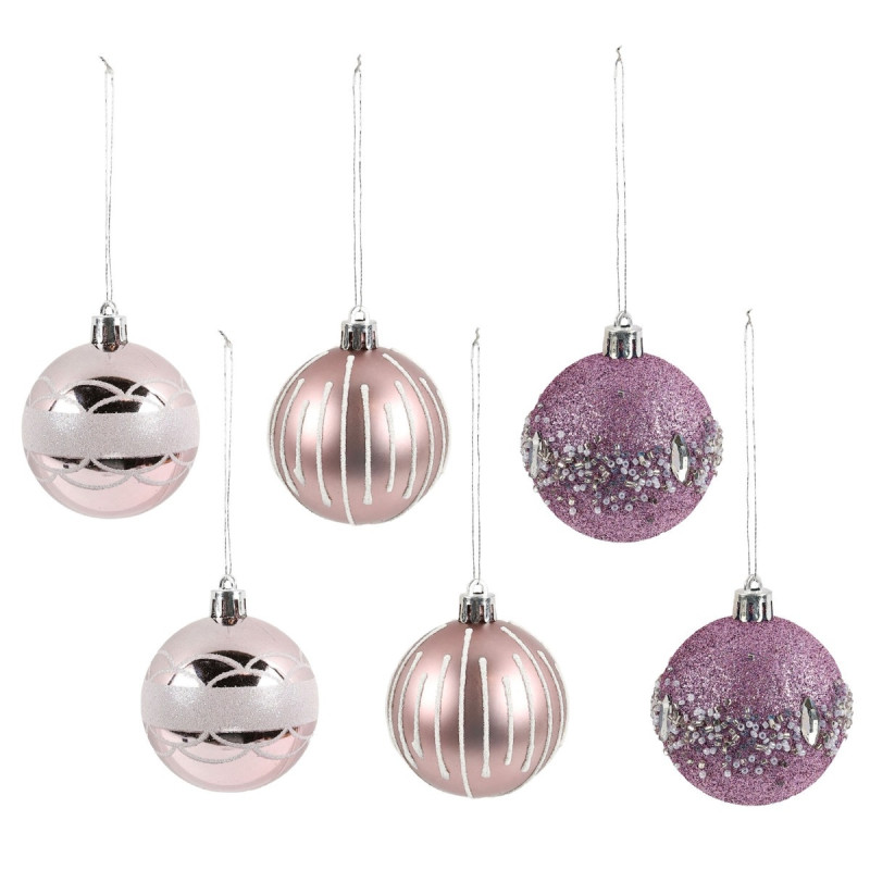 Globuri de Craciun, mov + roz + argintiu, SY23QJHB-316, 6 cm, plastic, rotunde, set 6 bucati