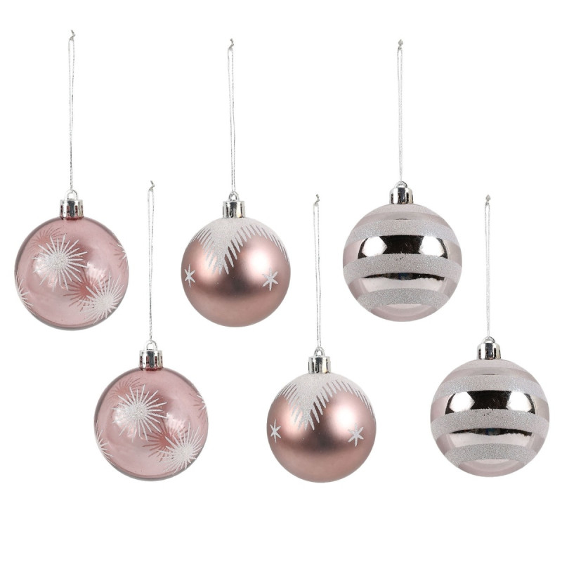 Globuri de Craciun, roz + argintiu, SY23QJHB-315, 6 cm, plastic, rotunde, set 6 bucati