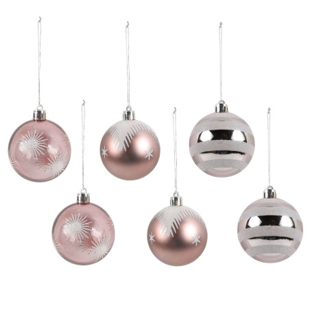 Globuri de Craciun, roz + argintiu, SY23QJHB-315, 6 cm, plastic, rotunde, set 6 bucati