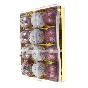 Globuri de Craciun, roz, SYQB-0120331, 8 cm, plastic, rotunde, set 12 bucati