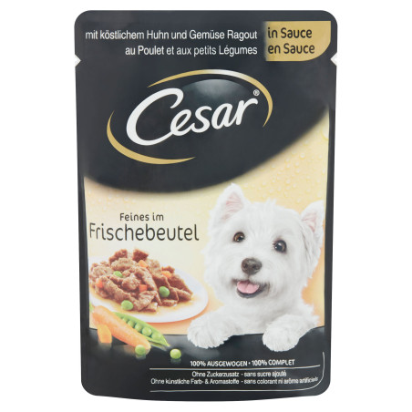 Hrana umeda caini, Cesar, plic 100 g, toate taliile, adult, carne de pui si legume