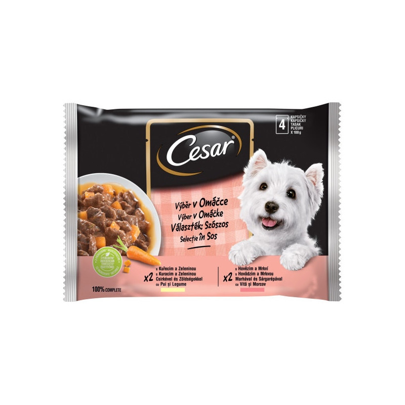 Hrana umeda caini, Cesar, plic 4 x 100 g, toate taliile, adult, selectii in sos