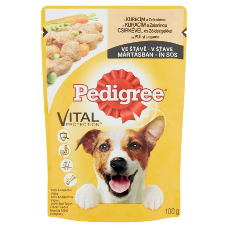 Hrana umeda caini, Pedigree, plic 100 g, toate taliile, adult, carne de pui si legume