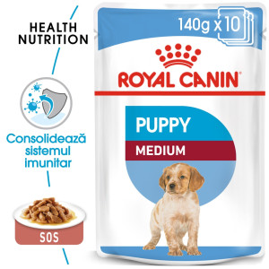 Hrana umeda caini, Royal Canin Medium Puppy, plic 140 g, talie medie, junior, carne in sos