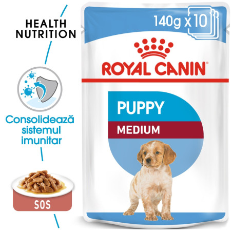 Hrana umeda caini, Royal Canin Medium Puppy, plic 140 g, talie medie, junior, carne in sos