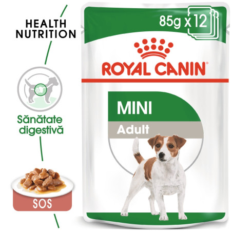 Hrana umeda caini, Royal Canin Mini Adult, plic 85 g, talie mica, adult, carne in sos